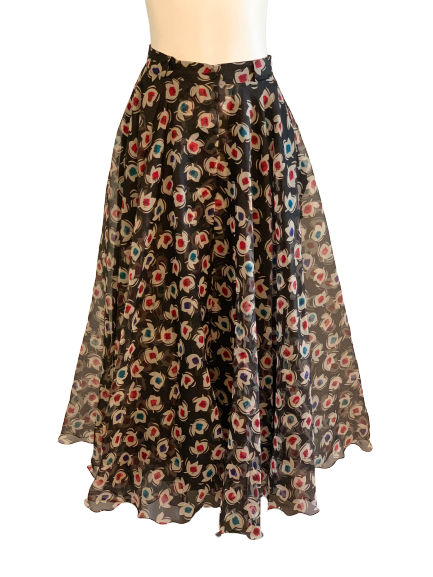 Red, blue, cream, and black floral-patterned, sheer, silk, very-full maxi-skirt. 