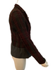 Rayon and cotton plaid ruched blazer with solid grey bottom. Plaid is dark burgundy, and grey. Jacket is hip length.