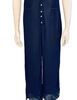 Dark blue, sheer jumpsuit with lace-trimmed pant cuffs, pearl buttons, and cinched waist. 
