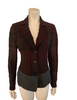 Rayon and cotton plaid ruched blazer with solid grey bottom.  Plaid is dark burgundy, and grey.  Jacket is hip length. 