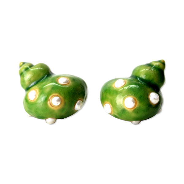 Front view of green sculptural shell shaped earrings dotted with faux pearl accents. 