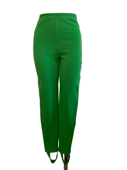 Green, high-rise leggings with stirrups. 