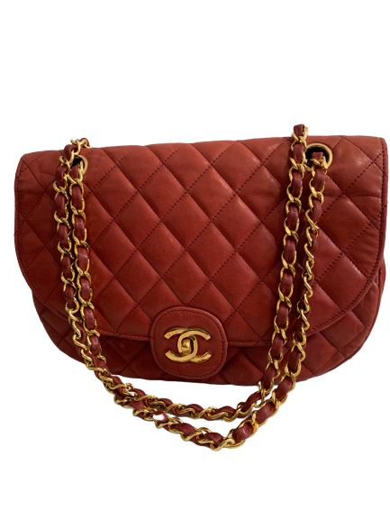1980s Chanel Red Quilted Lambskin Round Flap Bag