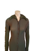 Green, plissé blouse with long sleeves, collar, and brown buttons. 