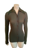 Green, plissé blouse with long sleeves, collar, and brown buttons. 