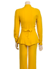 Marigold 2-piece set. High-neck, long-sleeve, asymmetrical, button-up jacket with slight peplum. High-waisted, wide-leg pants.