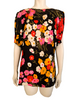 Black, short-sleeve, silk top with a pink, orange, and white floral-print. 