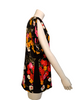 Black, short-sleeve, silk top with a pink, orange, and white floral-print. 