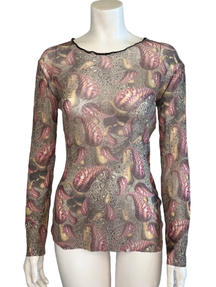 Mesh, long-sleeve shirt with a grey, magenta, and yellow, psychedelic, paisley print.