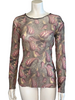 Mesh, long-sleeve shirt with a grey, magenta, and yellow, psychedelic, paisley print.