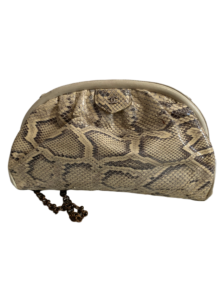 Oval shape grey, creme python leather bag with metal chain shoulder strap and top closure 