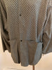 Grey with yellow & white cross stitching, oversized, snap-front, cotton jacket with 2 pockets.  