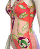 One piece bathing suit in Pucci print of orange, pink, green, yellow, and cream. Elastic stretch fabric. Deep V neck