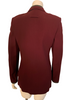 Burgundy blazer with a black, leather patch at back of neck. 