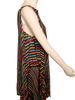 Sheer, knit, rainbow, striped tunic & skirt set with multi-layered draping. 