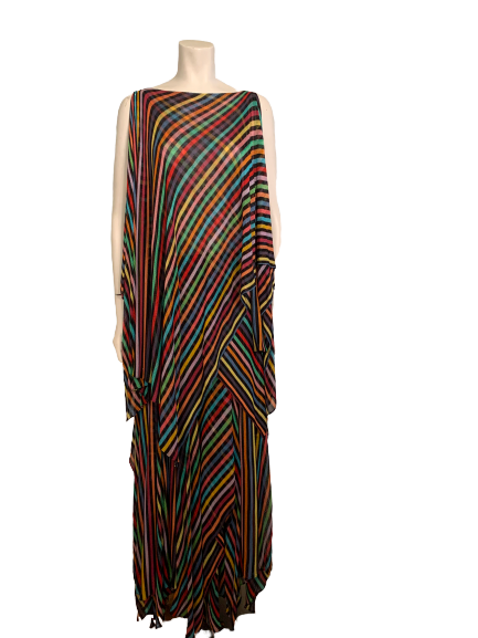 Sheer, knit, rainbow, striped tunic & skirt set with multi-layered draping. 