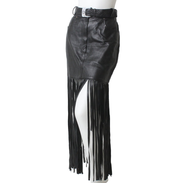 Claude Montana Black Fringe Lambskin Belted Skirt