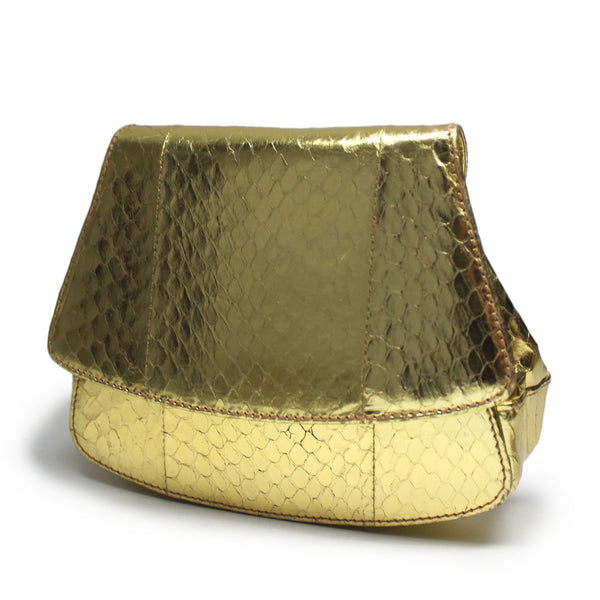 Front view of Gold Snake Prada evening bag.