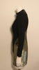 Full length side view of mannequin wearing Geoffrey Beene black wool mini dress with gold metallic quilted side panel. 