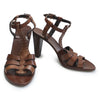 Front and side view of brown Max Mara heeled leather sandal